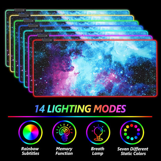 Set of gaming mouse pads with colorful lighting effects and 14 lighting modes displayed.