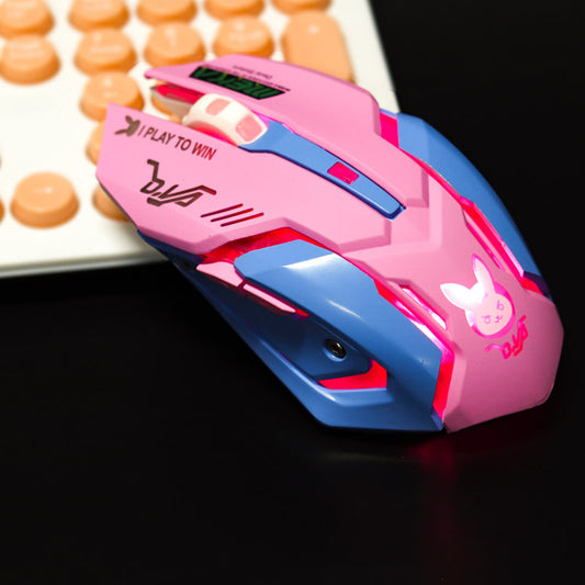 Pink and blue gaming mouse with rabbit design on a dark background