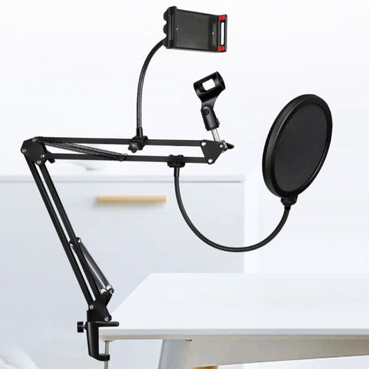 Black microphone stand with phone holder and pop filter on a white background